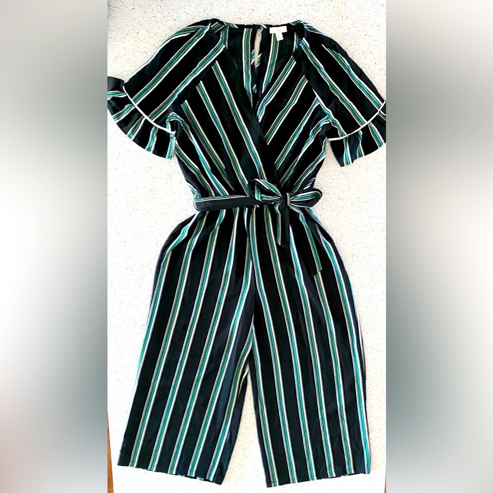 Green, White & Black Striped Jumpsuit